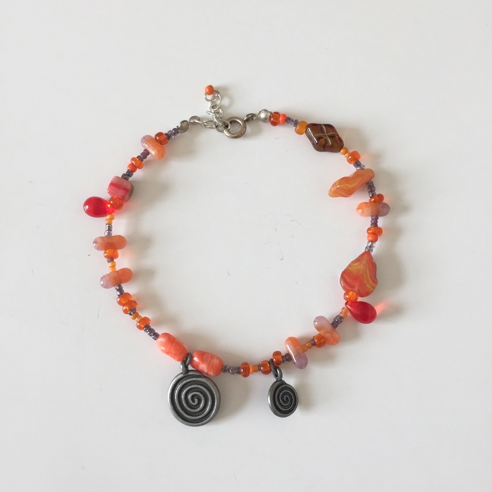 Handmade Orange Spiral Glass Bead Anklet